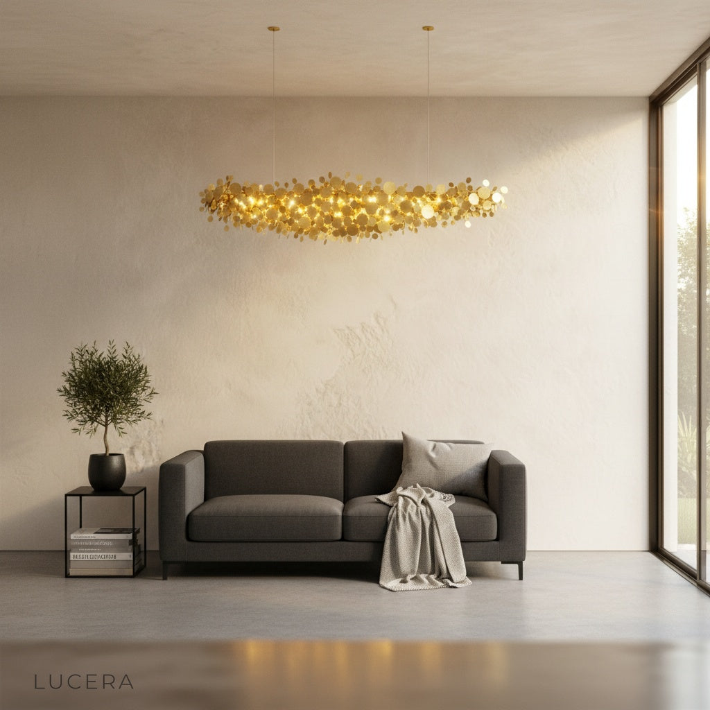 Hinge Chandelier in open-concept kitchen island setting with warm bulbs
