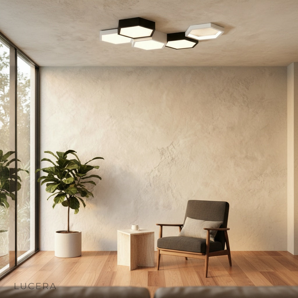 Aurelia hexagonal ceiling light in stylish bedroom corner with architectural statement look