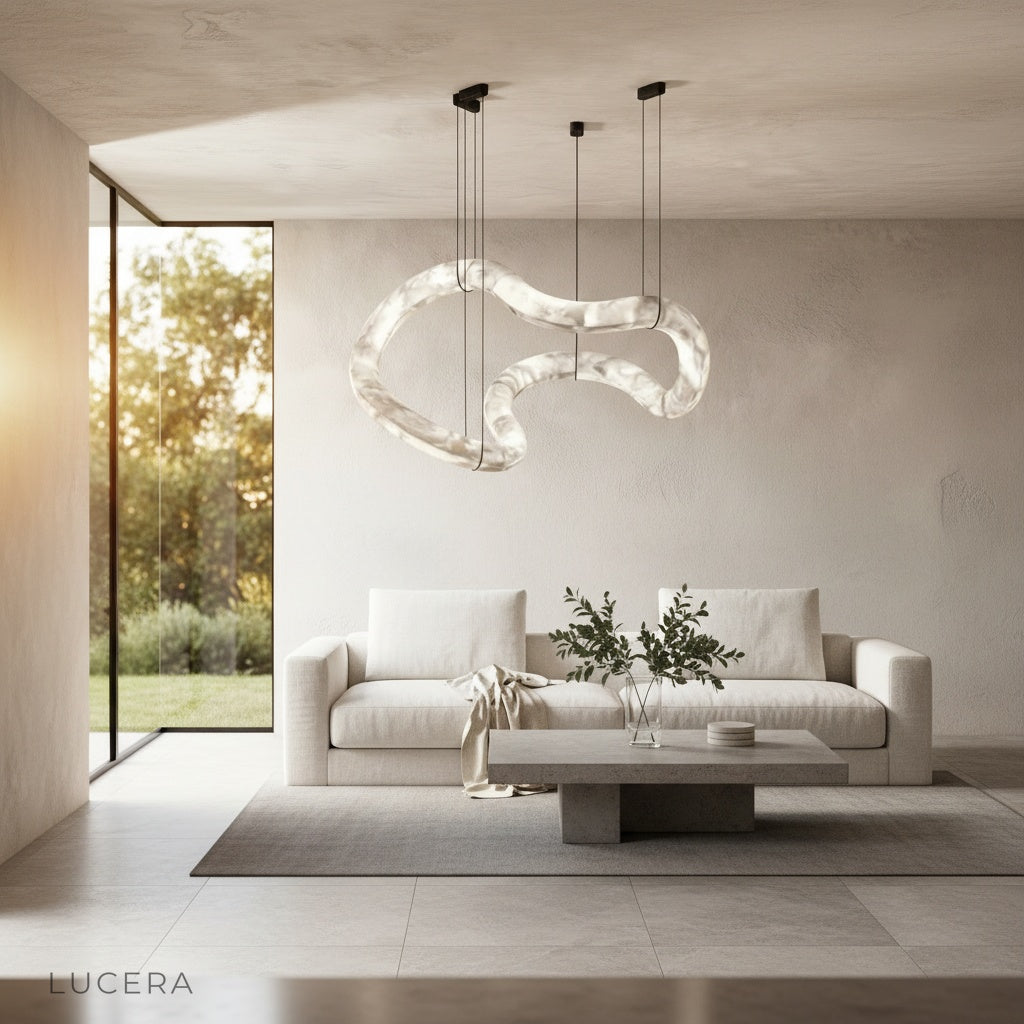 Fenwick chandelier casting ambient light over a cozy seating area in a stylish loft