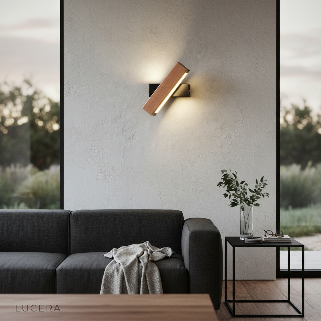 Quodlibet Wall Lamp white acrylic and oak in elegant hallway with indirect evening lighting