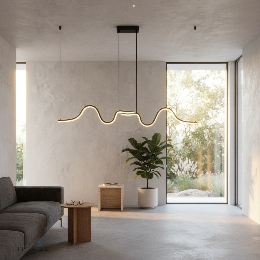 Jovial wave pendant light casting ambient shadows on a dark accent wall