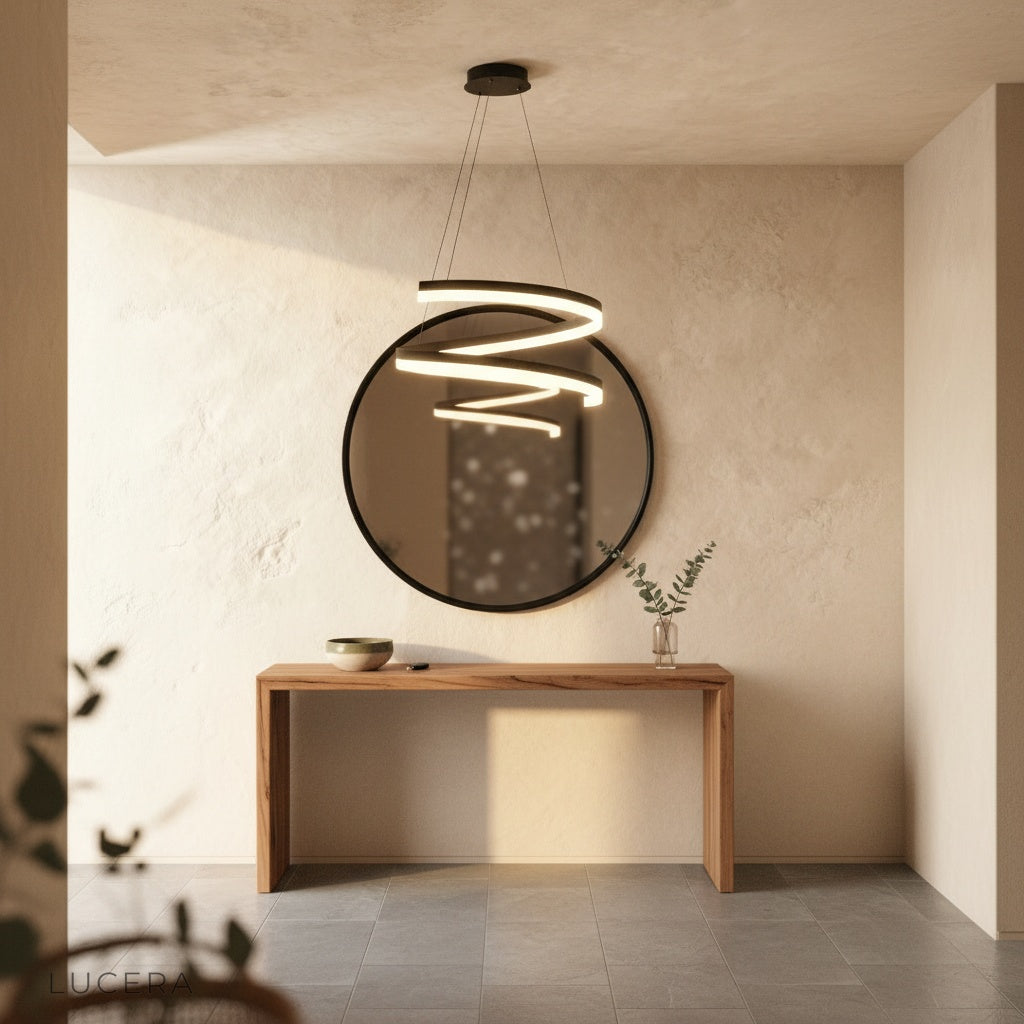 Dramatic low-angle view of Hypnotize pendant light in dark modern lounge setting