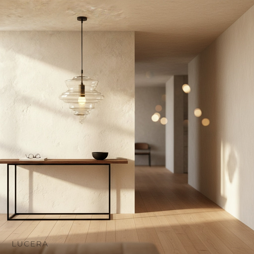 Crepuscular pendant light as statement piece above kitchen island with bar stools