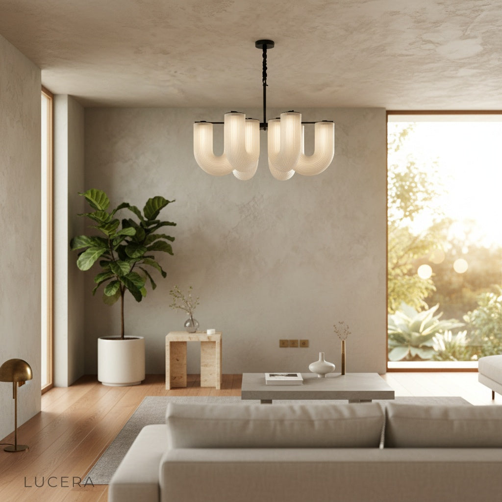 ambient evening view of Thalassa chandelier in black finish above a round wooden table