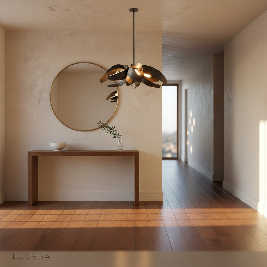 Incanto Chandelier illuminated at night in a high-ceiling living room with floor-to-ceiling windows