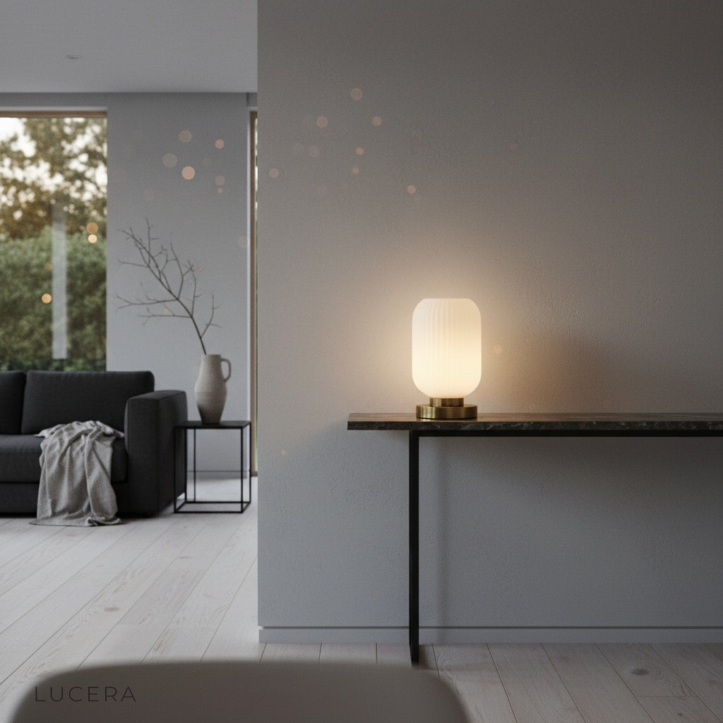 soft warm glow of ribbed glass lamp on windowsill during golden hour
