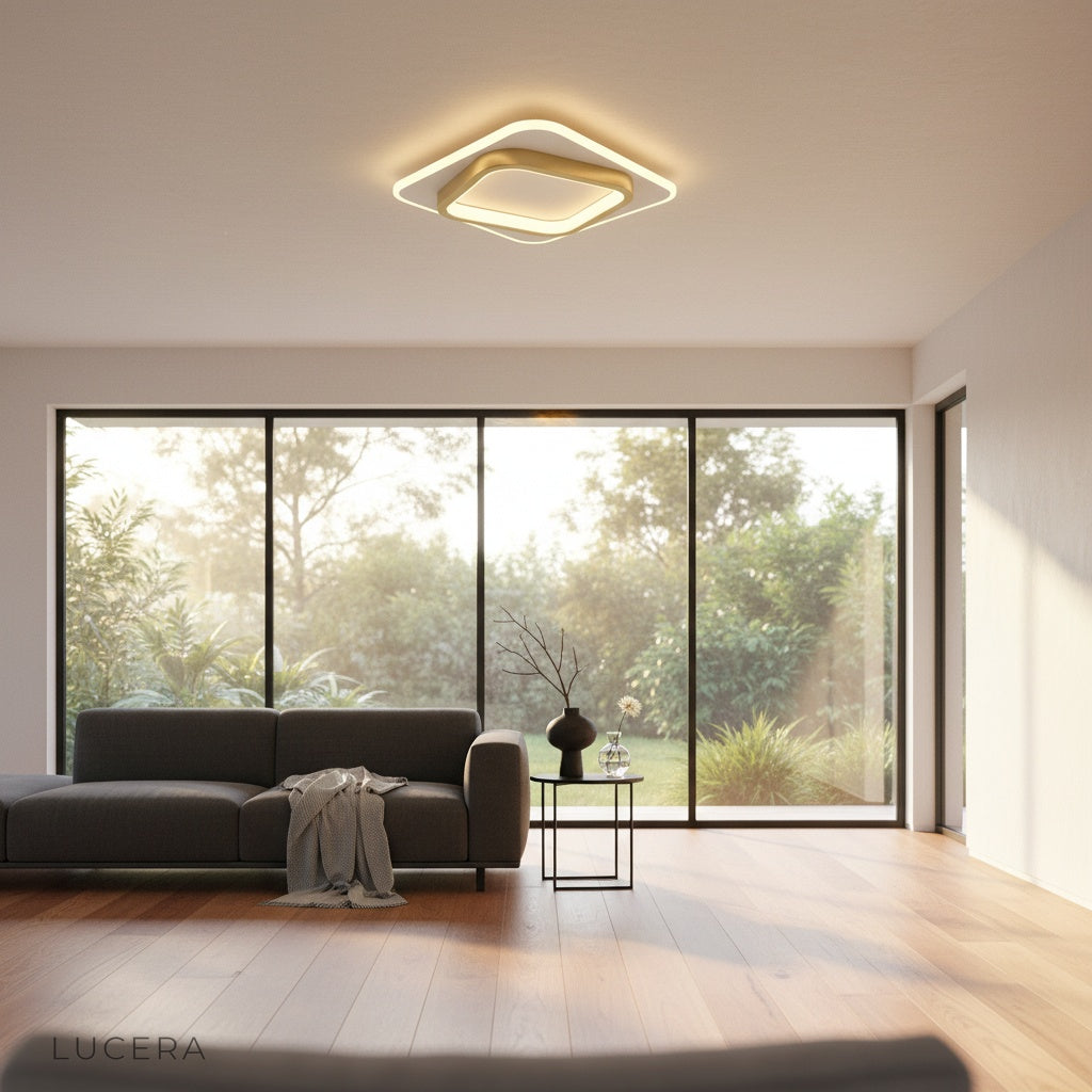 Ursa Ceiling Light above bedroom bedside casting even warm glow