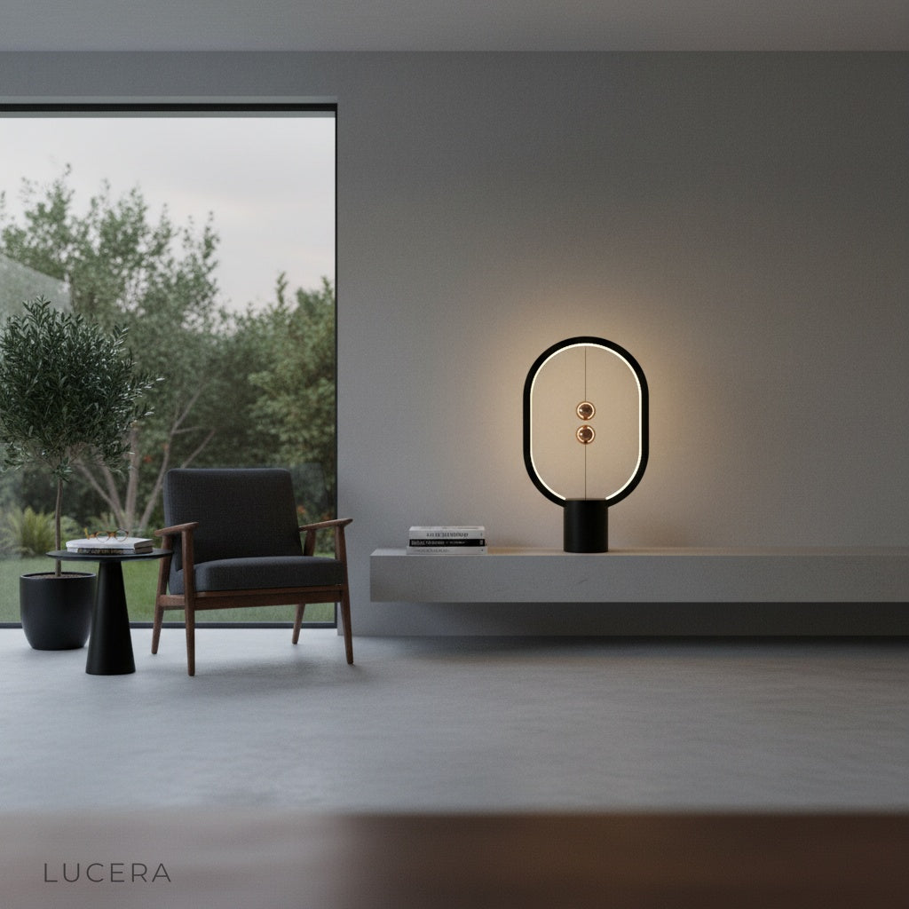 Vita Table Lamp on office desk near laptop, warm light creating inviting workspace atmosphere