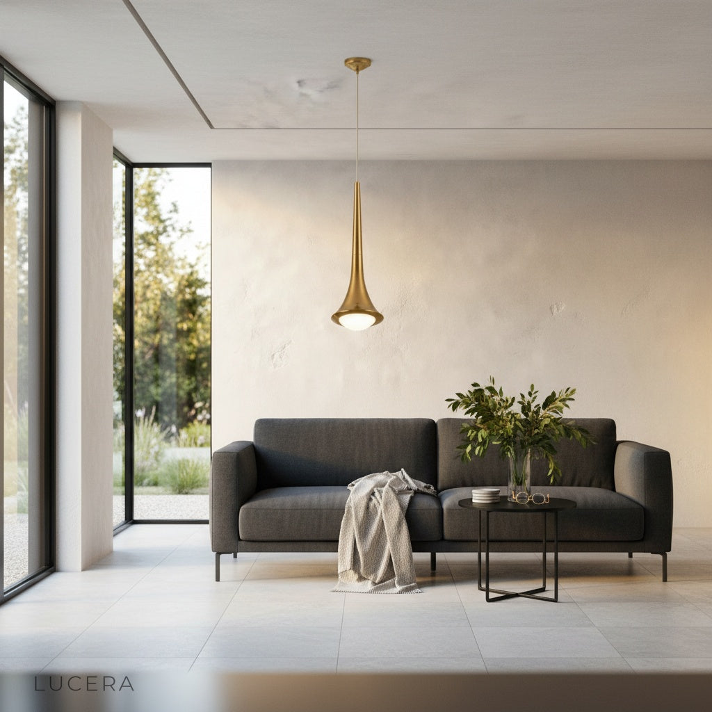 pair of ethereal pendant lights in different colors creating layered lighting in a hallway