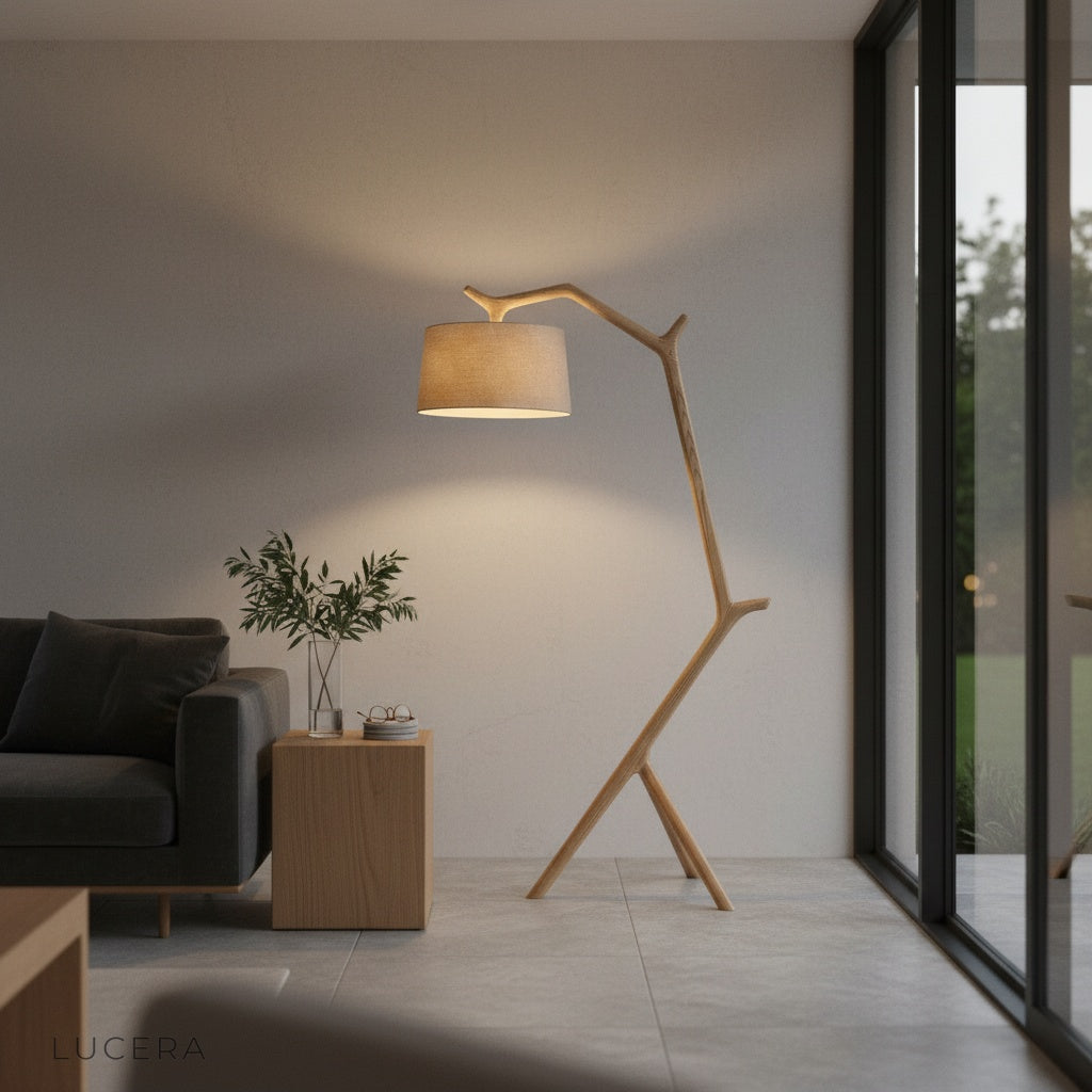 Cantilever floor lamp with wooden body and fabric shade in a cozy reading nook at night