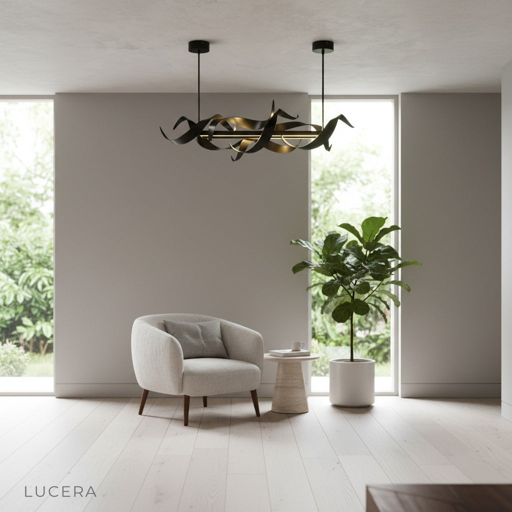 Seraphina Chandelier hanging in an elegant bedroom with soft shadows and curves