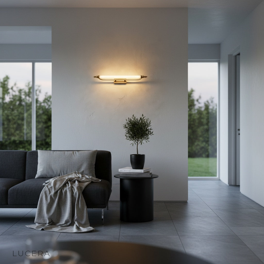Xander wall lamp with elegant curve highlighting a hallway wall in evening light