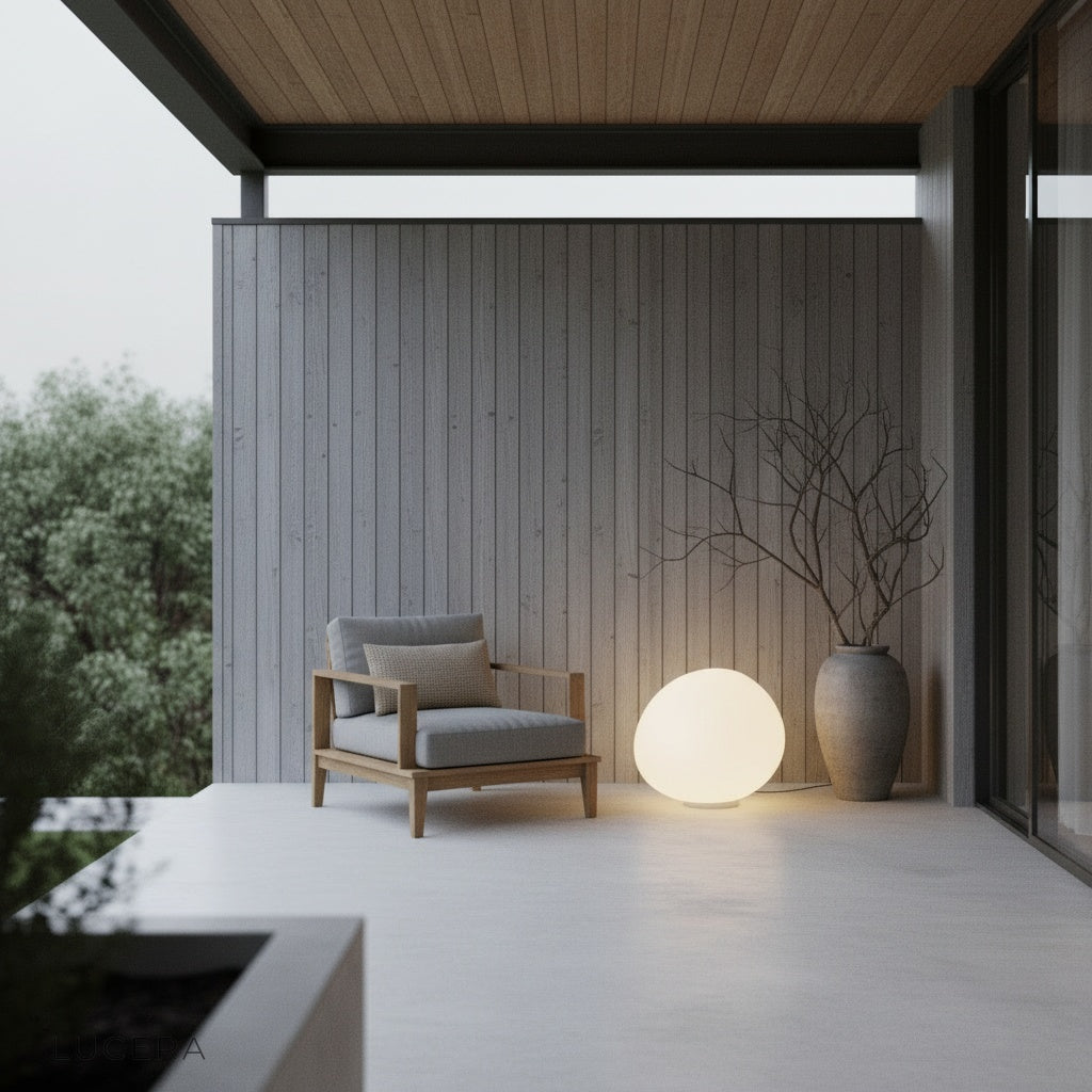 Yttrium Floor Lamp in a minimalist living room with concrete wall and linen curtains, evening ambiance