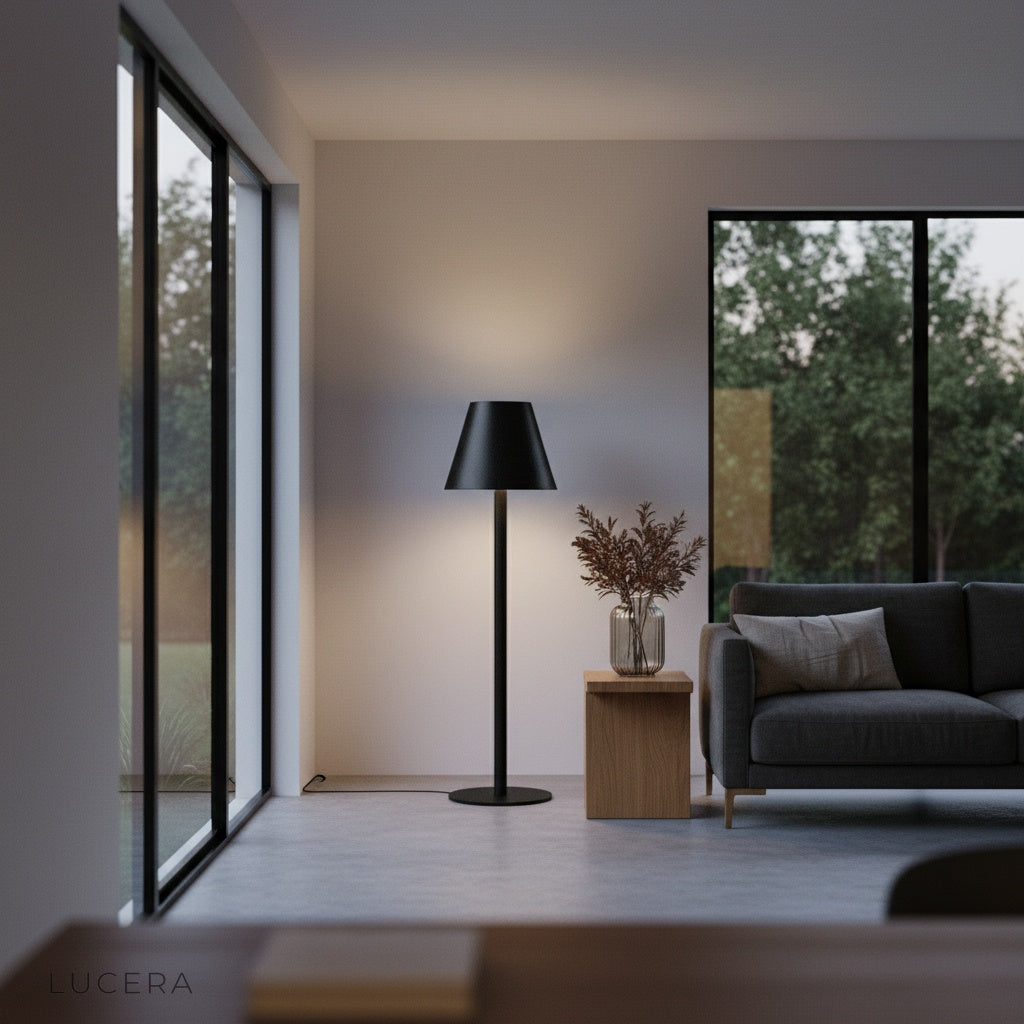 yellow table lamp on dining sideboard with candles and ambient evening lighting