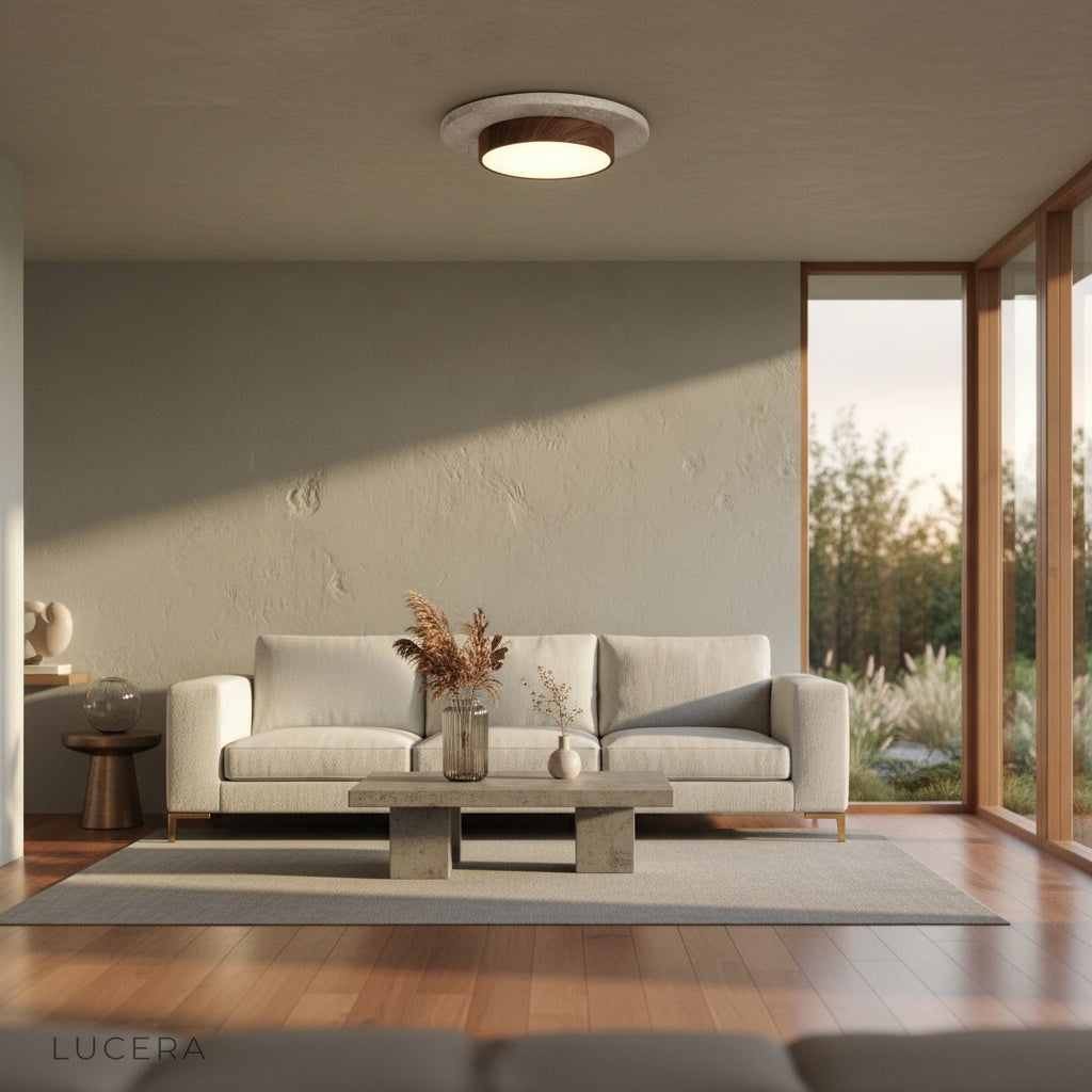Evening shot of nickel travertine ceiling light in stylish living space with soft shadows
