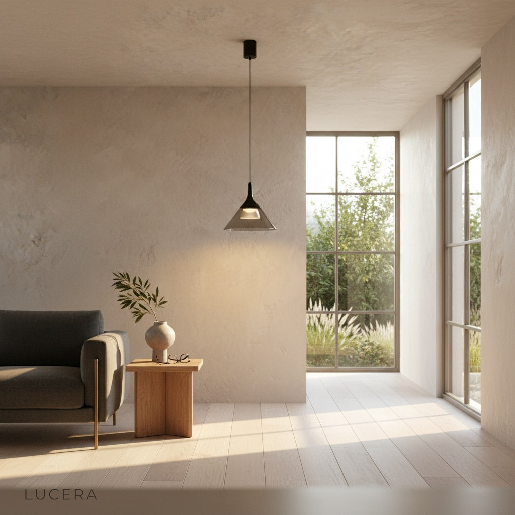 Calypso Pendant Light in soft pink finish, ambient evening glow in modern living room