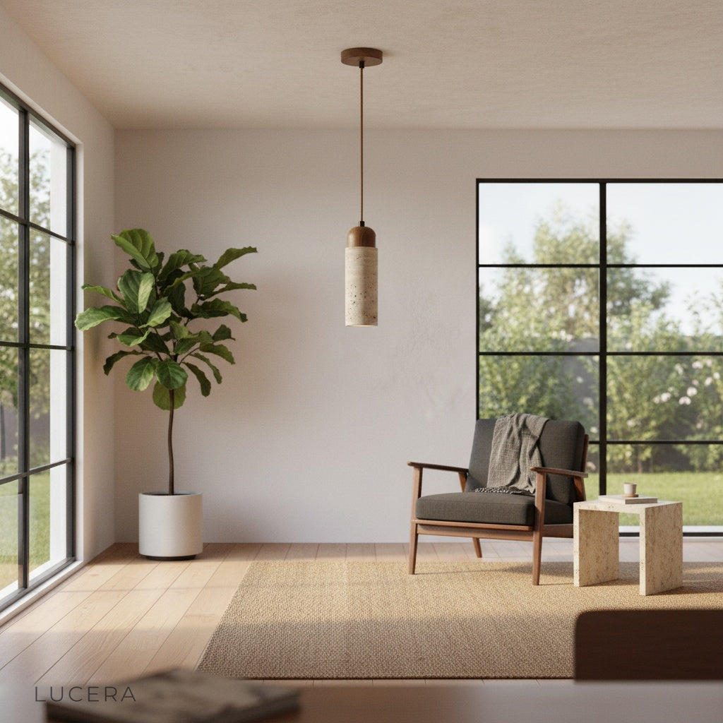 Uzo travertine cylinder pendant lamp in a sunlit entryway with concrete floor and plants