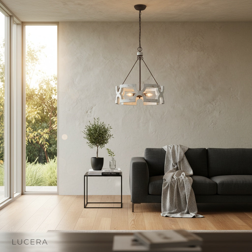 Yew chandelier in loft-style room with brick wall and pendant light contrast