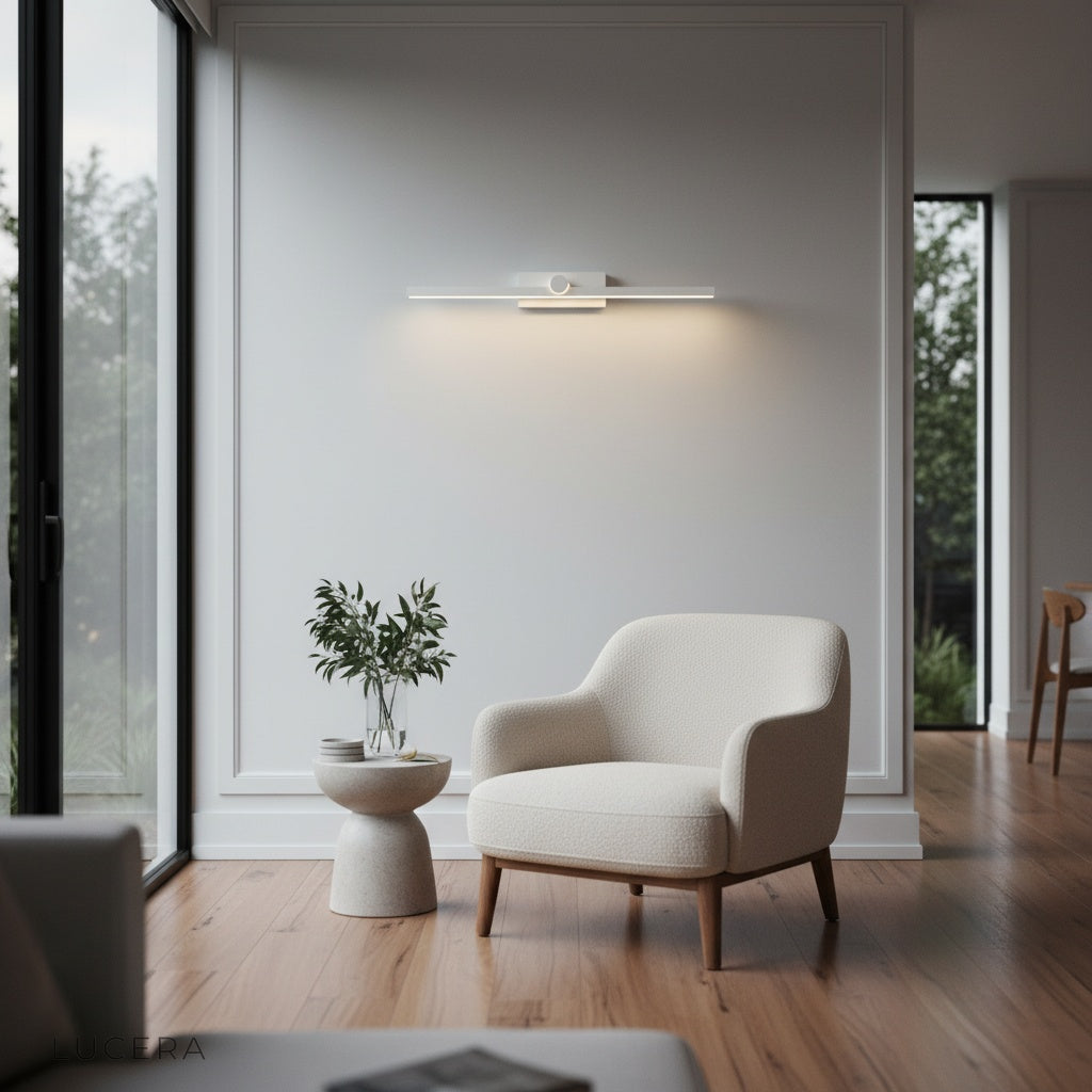 Scheele's Green linear light fixture highlighting textured wall panel in a cozy living room
