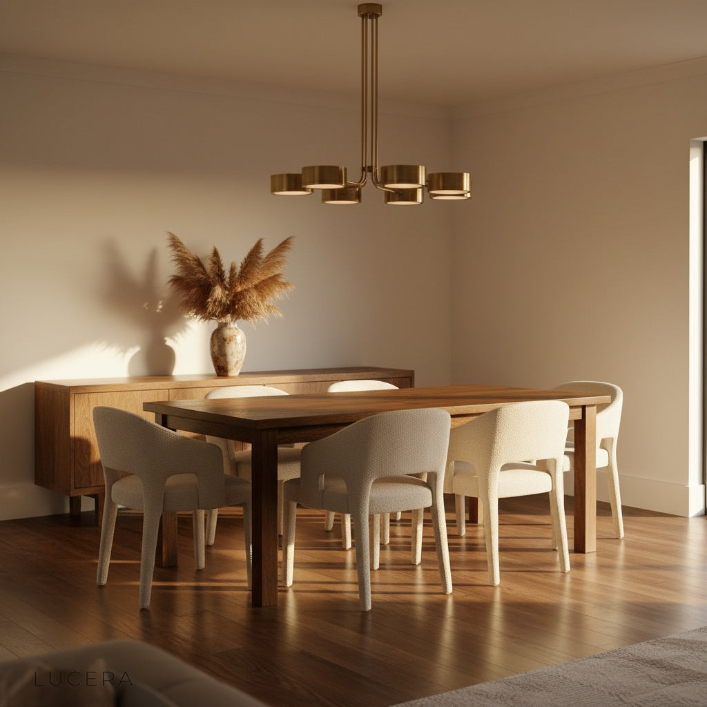 Lacrima brass chandelier hanging in a modern living room with neutral sofa