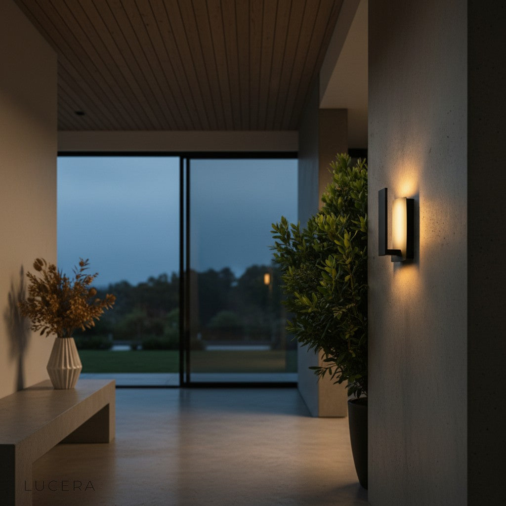 close-up of light casting soft shadows on stucco wall at night
