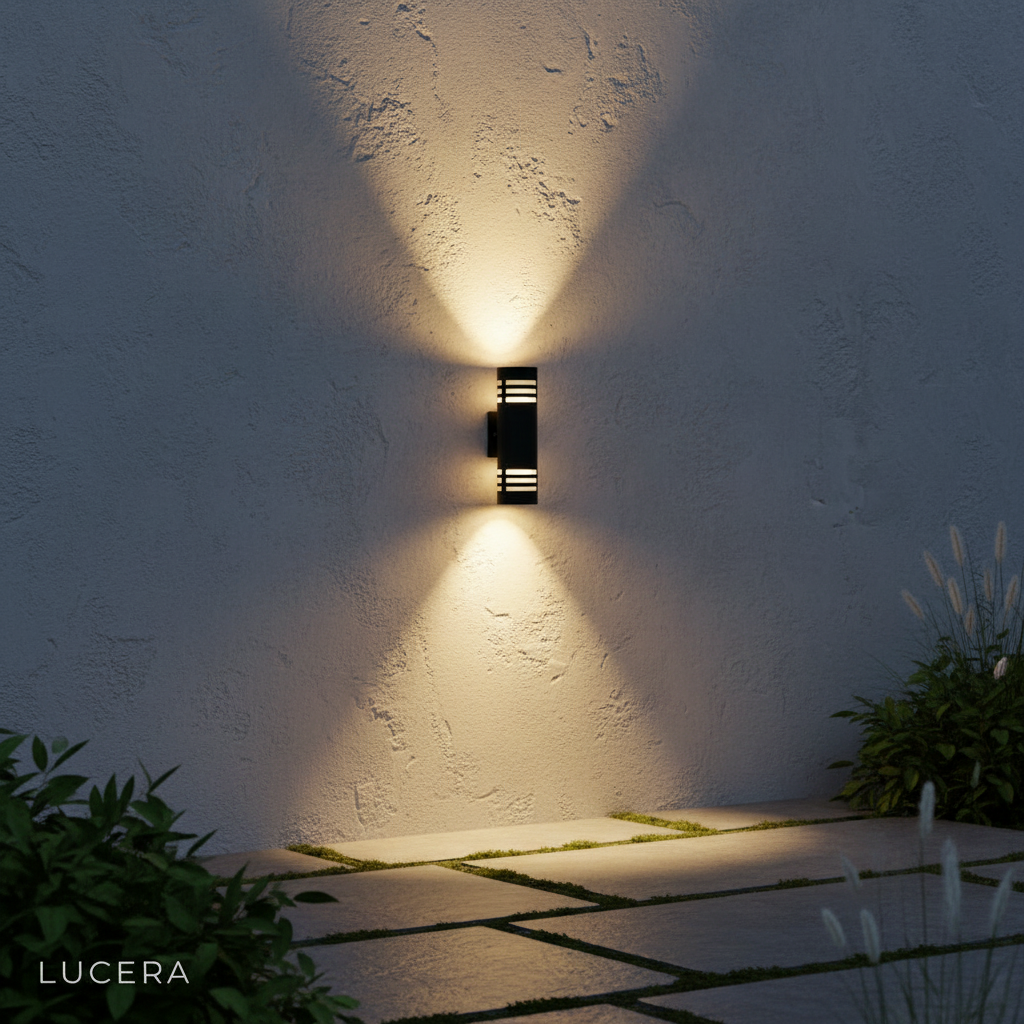 twilight garden wall with minimalist sconce lighting pathway