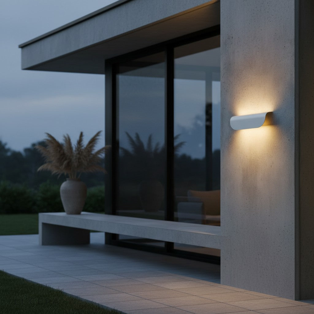 minimalist wall lamp above outdoor seating area with cushions, cozy twilight setting