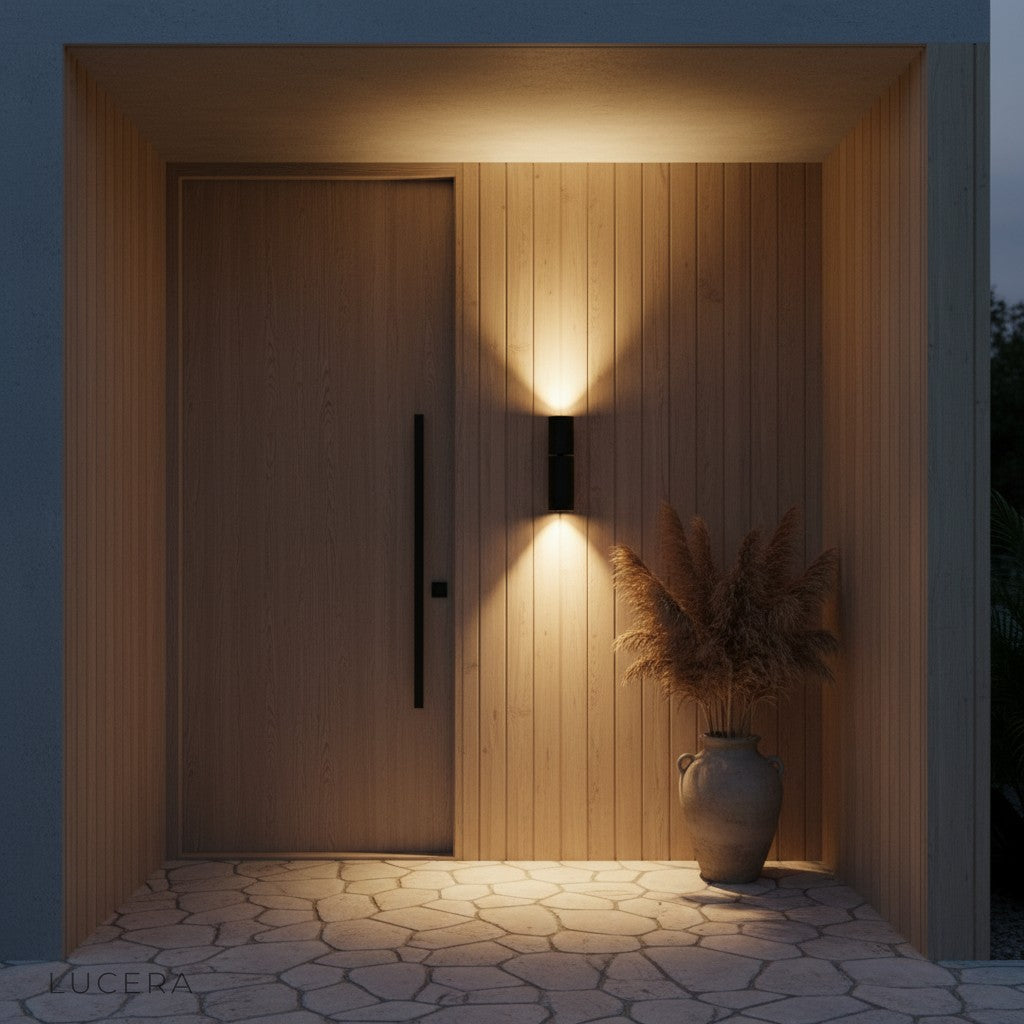 Canopus dual beam light in a covered outdoor lounge area with cozy seating and plants