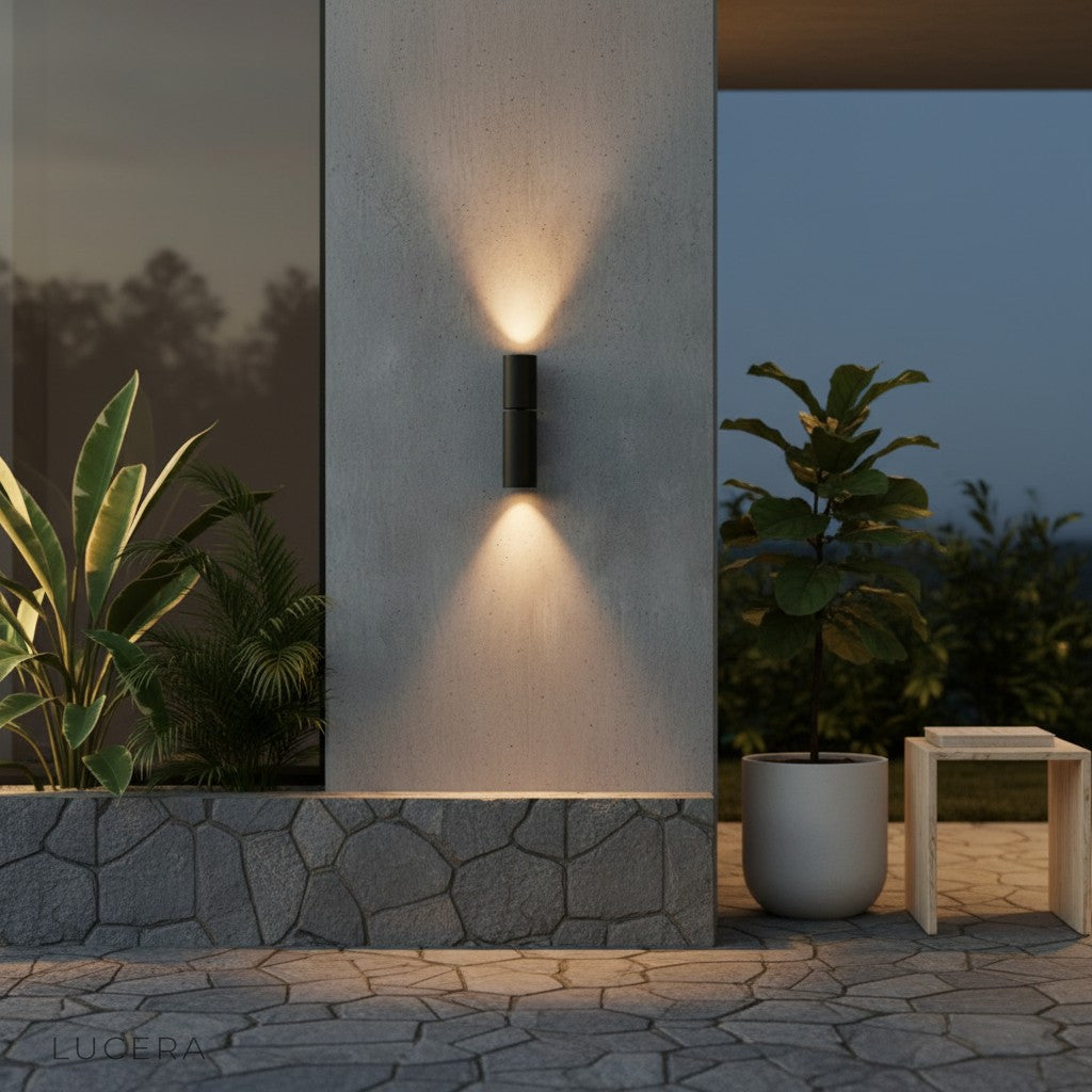 black anodized aluminum wall lamp glowing warmly beside a modern garden pathway