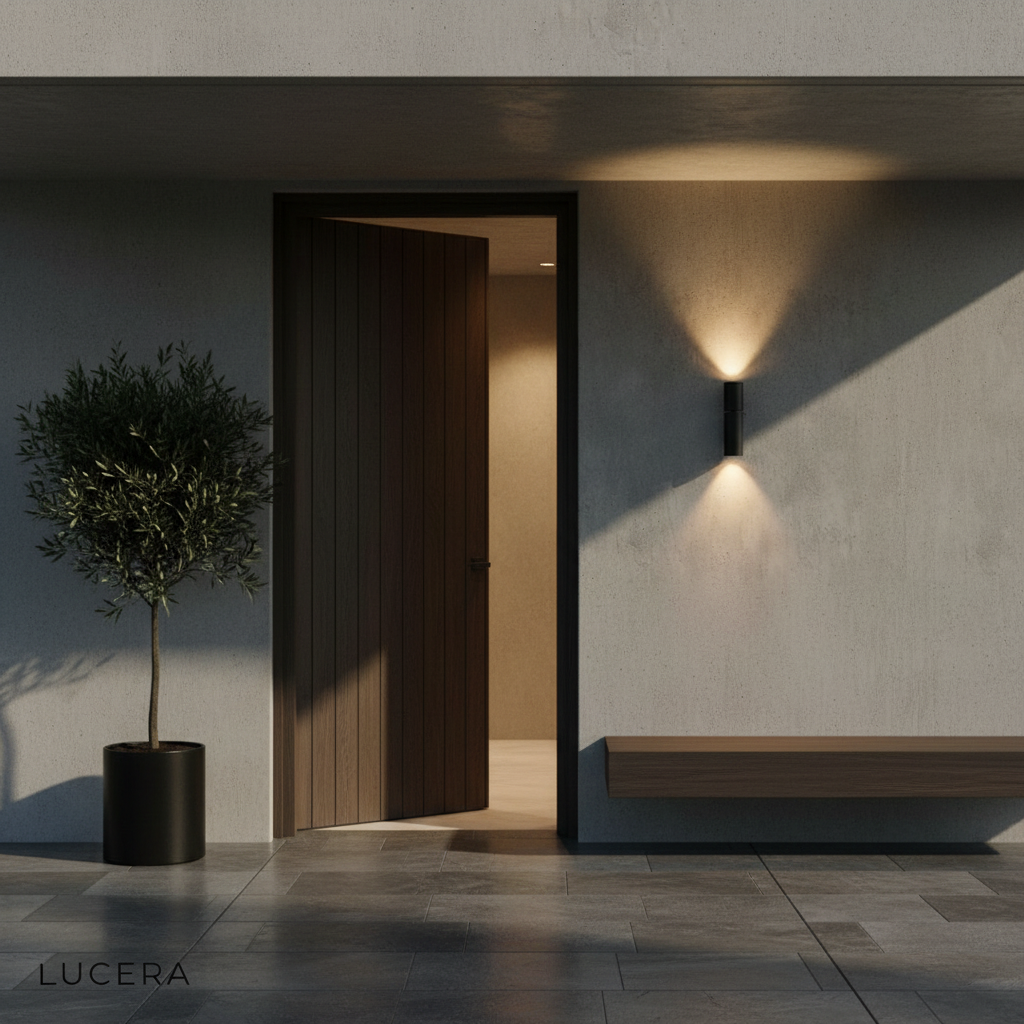 Canopus sconce in nighttime setting with soft 3000K light creating inviting outdoor ambiance