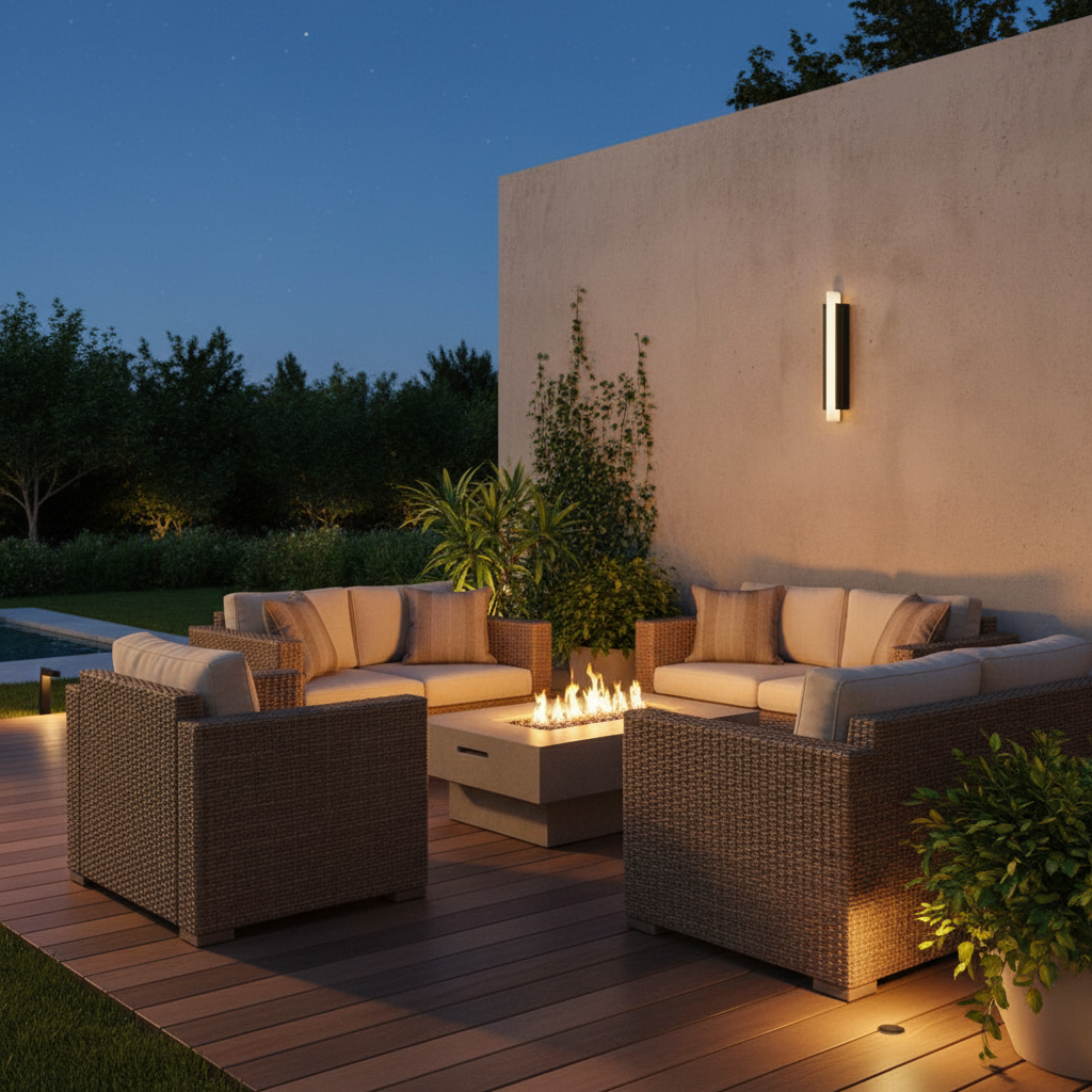 Corvus outdoor sconce mounted on a concrete wall beside a potted plant