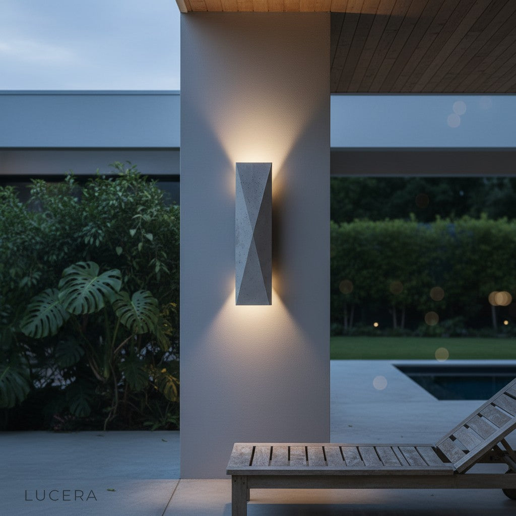 Pallas Wren sconce mounted on villa entryway, soft 3000K glow on stone wall