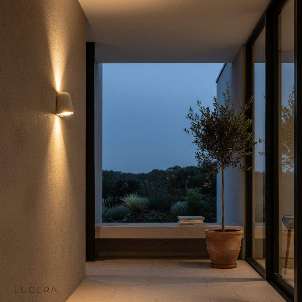 Warm ambient glow from Eos Architectural Microcement Wall Light illuminating a minimalist patio