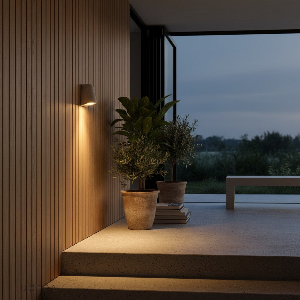 Eos Outdoor Wall Light mounted on concrete wall with soft evening light casting organic shadows