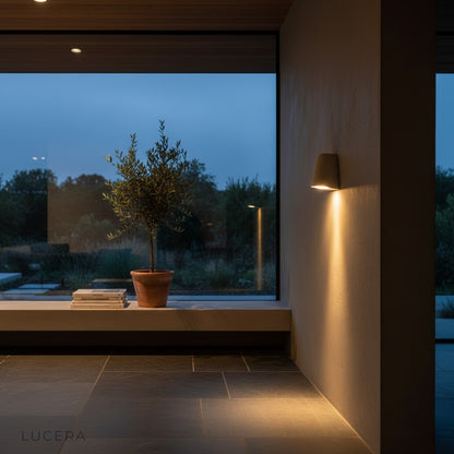 Nighttime lifestyle shot of Lucera Eos microcement wall light above a wooden bench in a garden