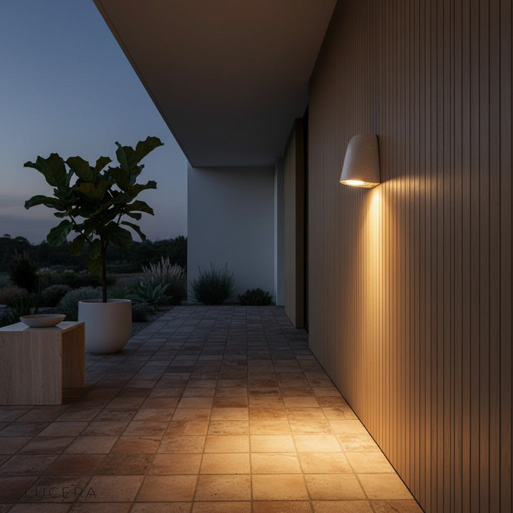 Architectural detail of Eos wall light blending with stone facade in a contemporary courtyard