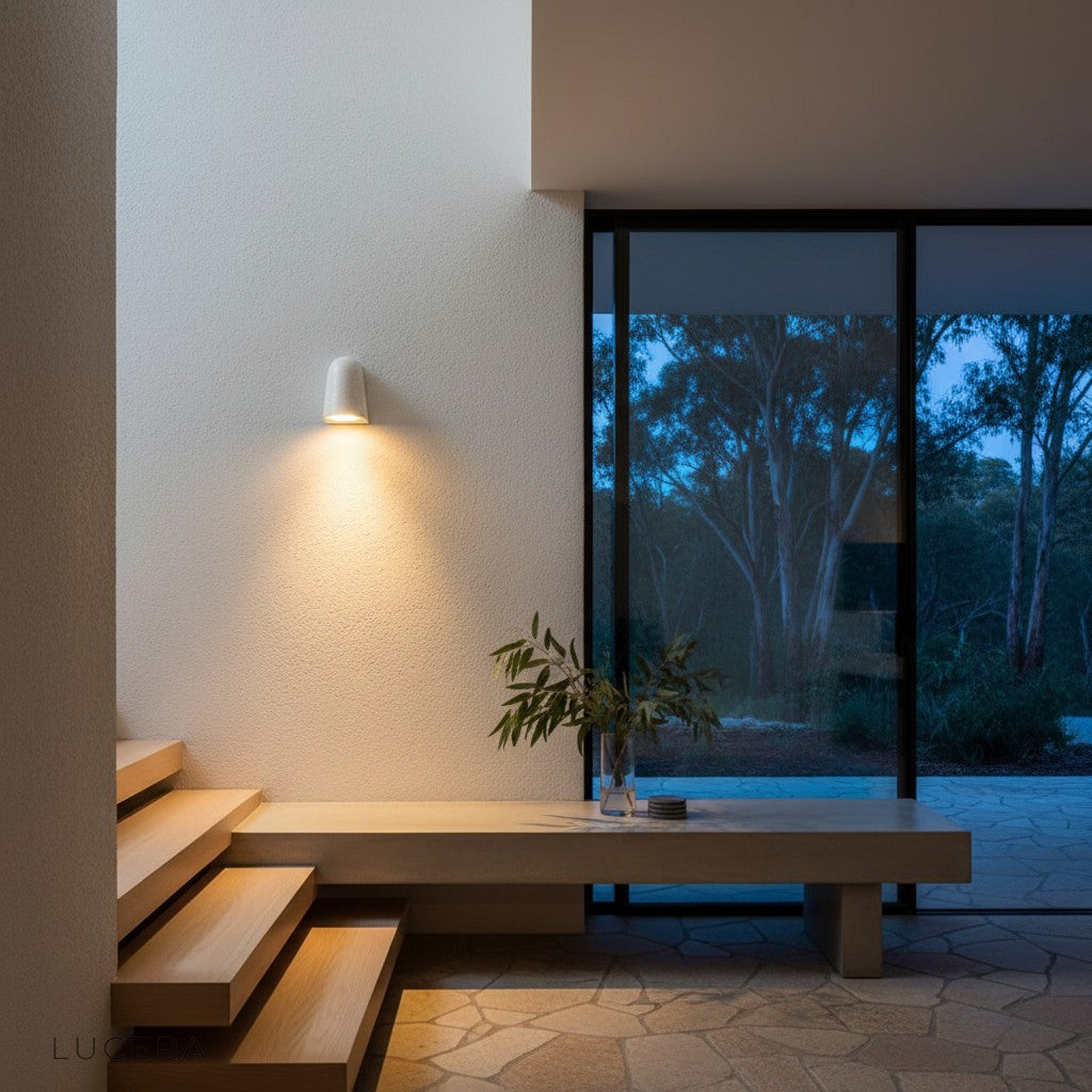 Eos Architectural Microcement Outdoor Wall Light paired with warm LED bulb in a covered terrace