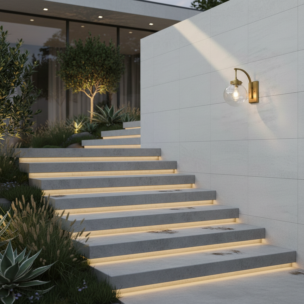 Nyx stainless steel and glass sconce lighting up a cozy terrace corner