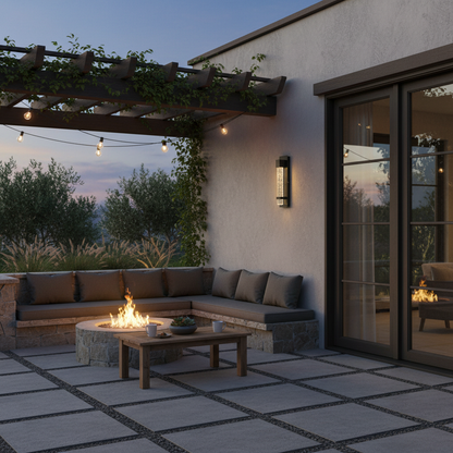 Hemera Outdoor Sconce mounted on a stone facade with leafy shadows