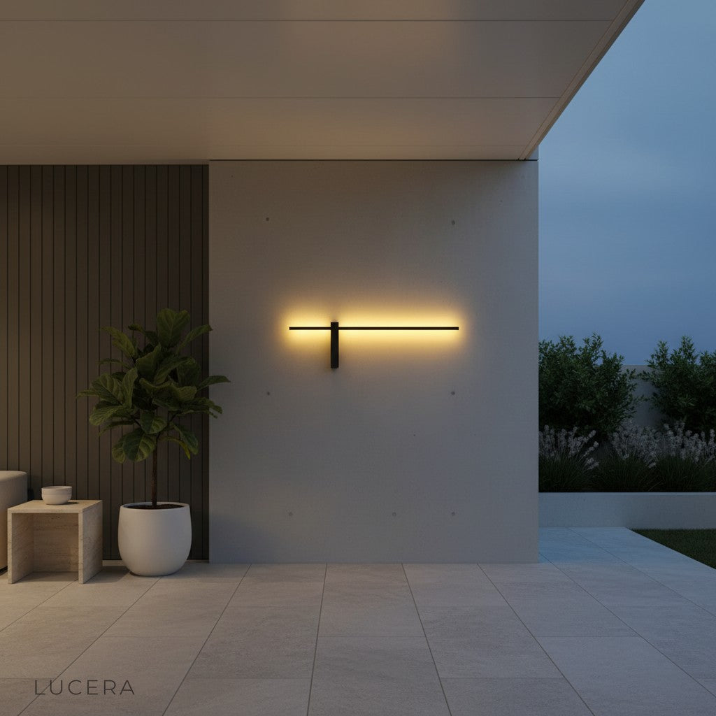 Warm diffused light from Aether sconce illuminating an outdoor brick wall at night