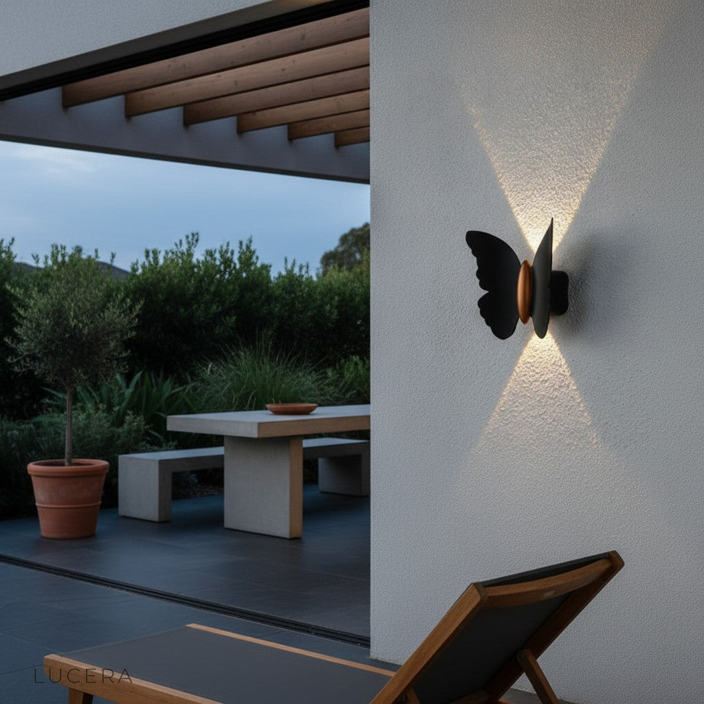 elegant butterfly wall lamp in cozy reading nook at dusk
