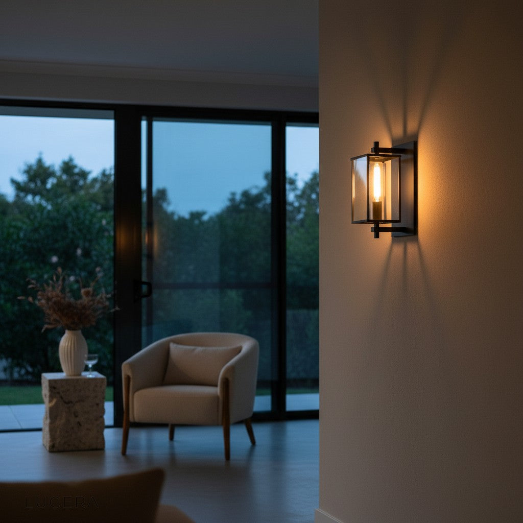 Ariel brass wall light casting a warm glow over a dining area with wooden furniture