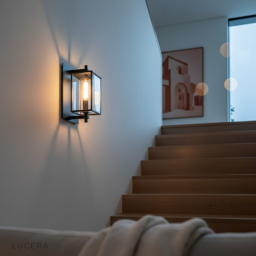Nighttime outdoor shot of the Ariel waterproof wall lamp lighting a garden entrance