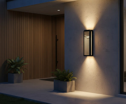 luxury exterior lighting fixture above a small garden bench at dusk