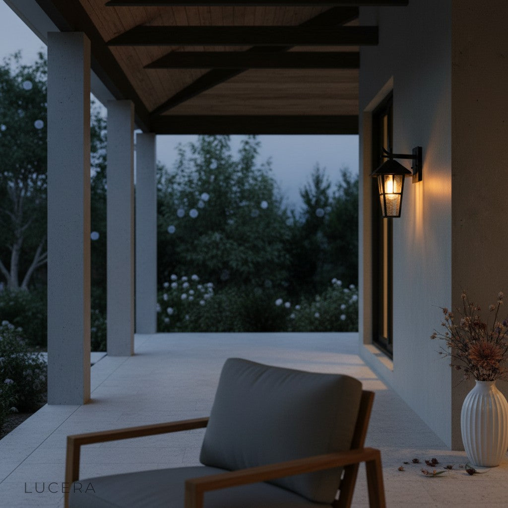 Portia lamp mounted on brick wall casting warm light over outdoor seating area