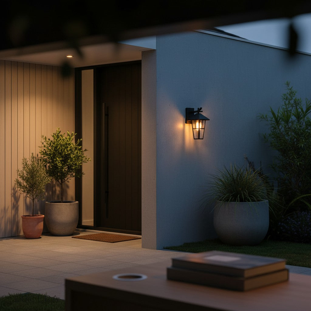 nighttime lifestyle shot of Portia wall lamp glowing beside a contemporary front door