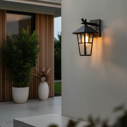 Portia outdoor lamp in rainy setting demonstrating IP45 weatherproof durability