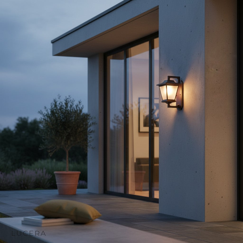 Ophelia Outdoor Sconce casting ambient light over a modern porch with stone texture