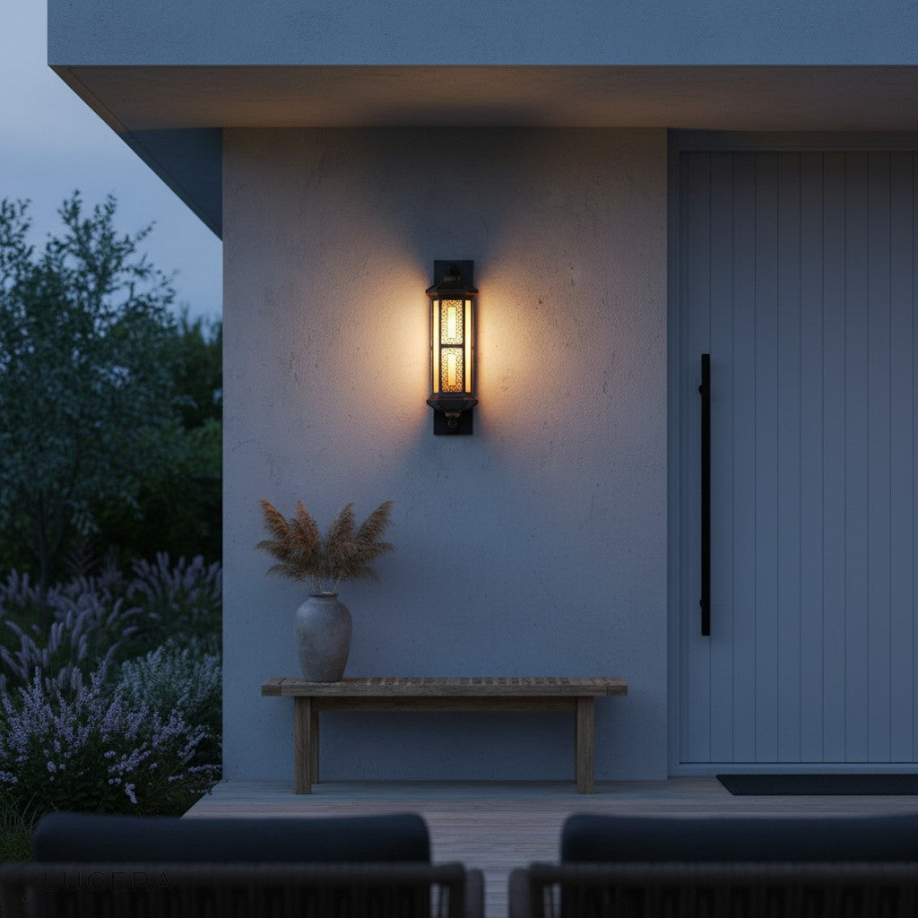Cressida outdoor lamp side profile on clean white background with tempered glass