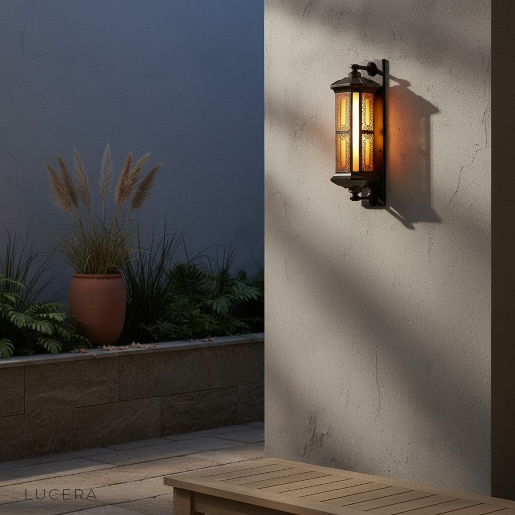 Close-up of Cressida lamp rust-resistant aluminum finish and glass diffuser details